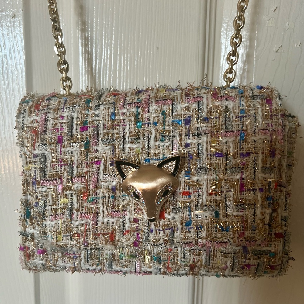 Betsey Johnson Multicolor Tweed Crossbody Bag with Gold Chain